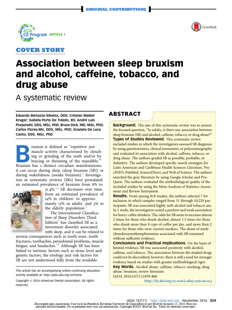 Association Between Sleep Bruxism and Alcohol, Caffeine, Tobacco, and ...
