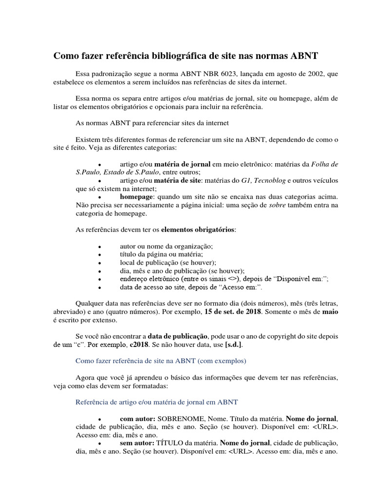 Como fazer referência bibliográfica de site nas normas ABNT | Download ...
