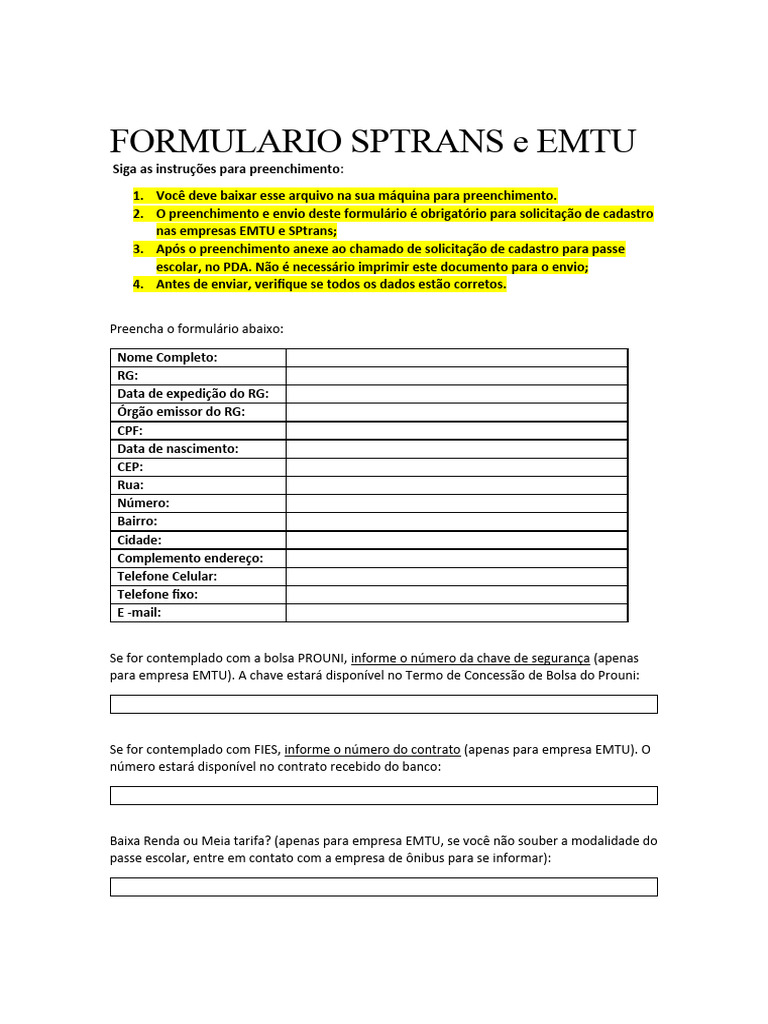 Formulário SPTRANS e EMTU para Cadastro | PDF