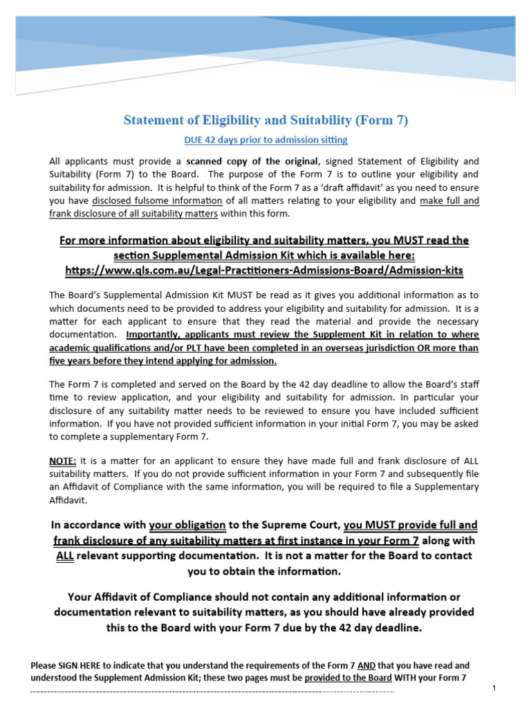 Form 7 Version 5 Statement of Eligibility and Suitability Fillable With Instructions (12 April