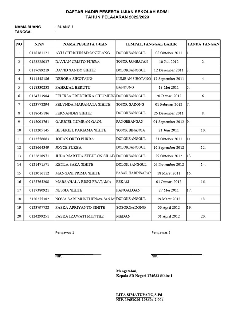Daftar Hadir Ujian SD/MI 2023/2024 | PDF