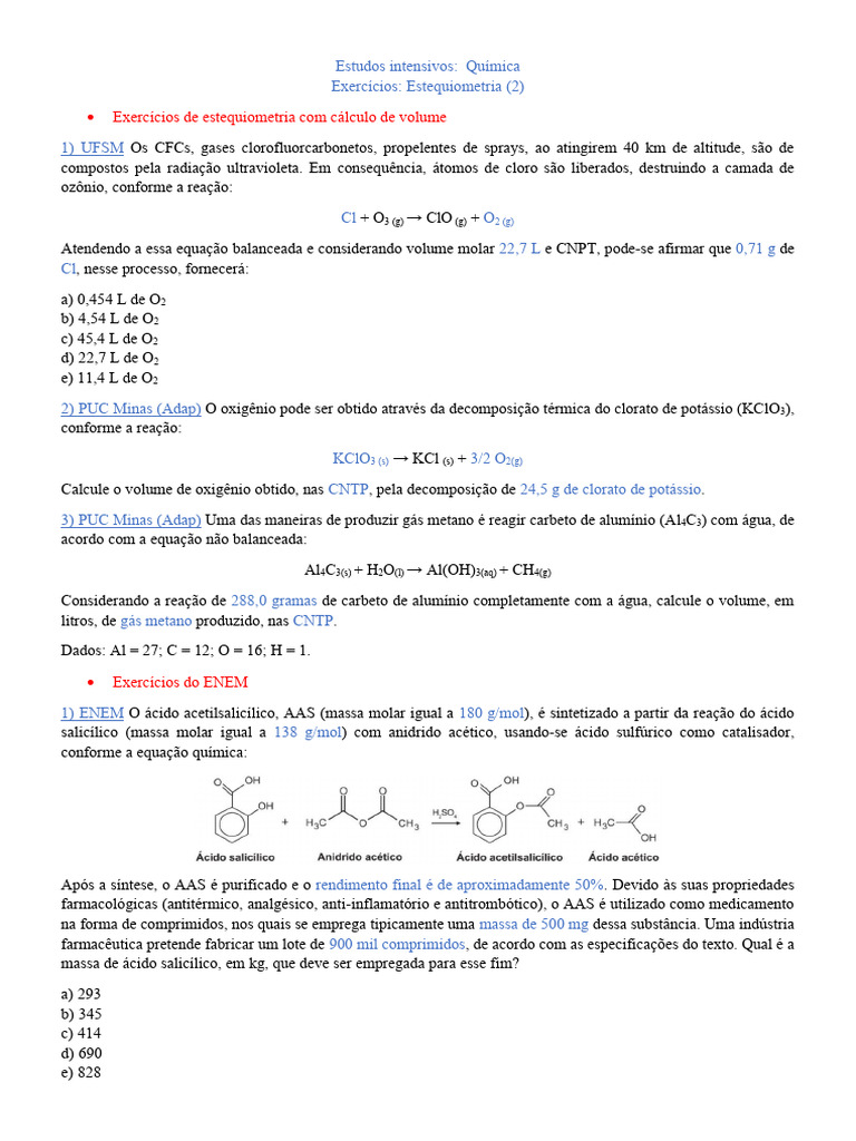 Exercícios de Estequiometria em Química | PDF | Cloro | Chumbo