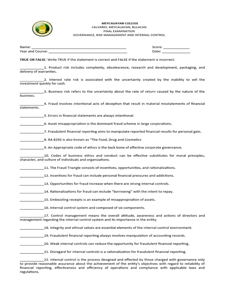 Governance and Risk Management Exam | PDF | Internal Control | Risk