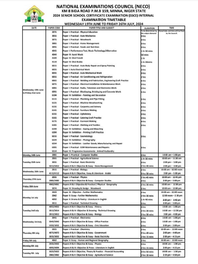 Final Neco 2024 Timetable PDF