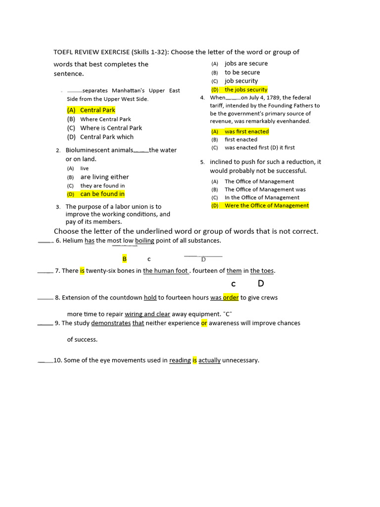 TOEFL Review Exercise (Skills 1-32) | PDF
