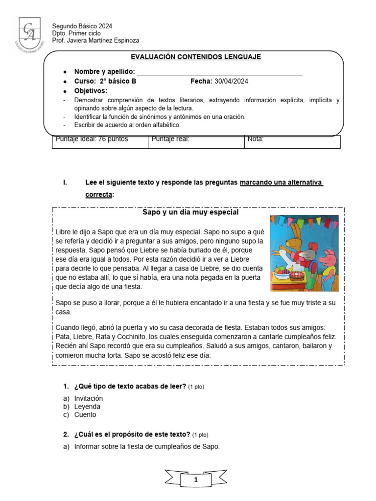Evaluación Lenguaje 2° Básico 2024 | PDF | Artes del Lenguaje y ...