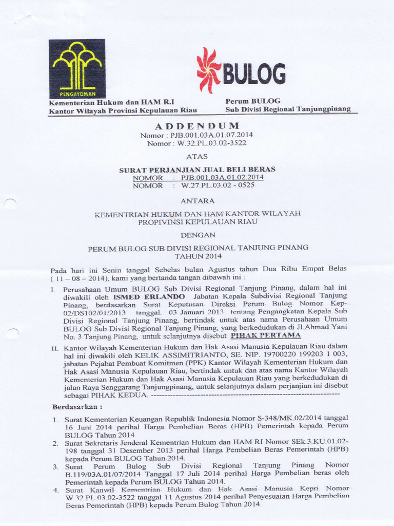 Perjanjian Jual Beli Dengan Bulog | PDF