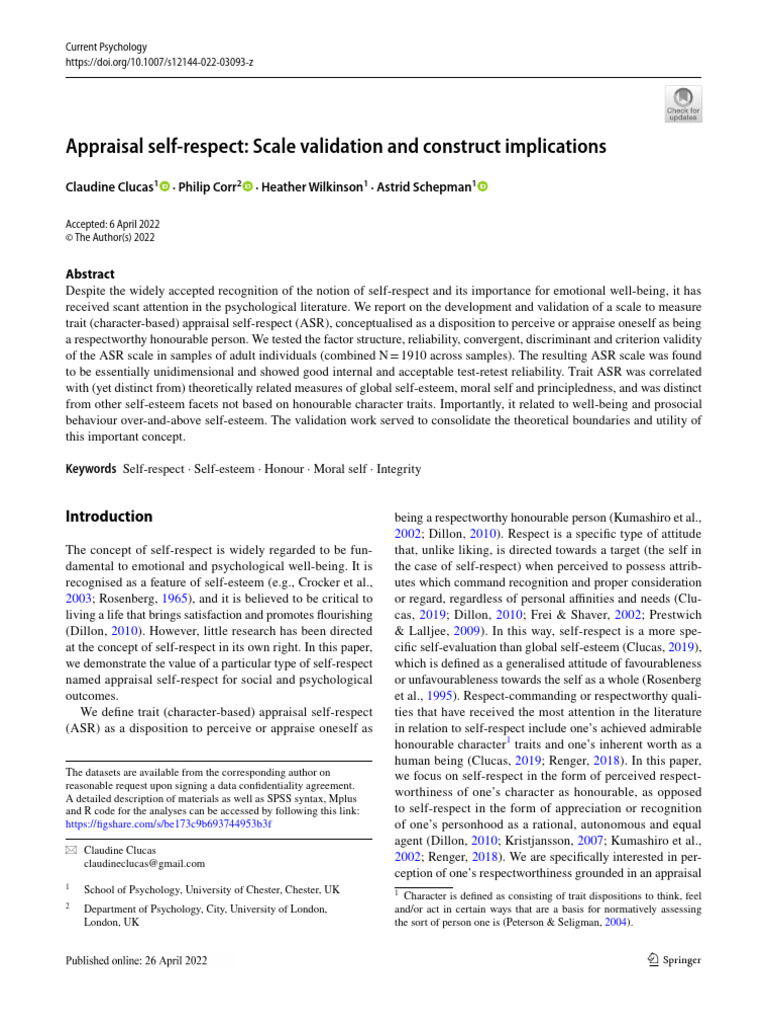 Appraisal Self Respect Scale Validation | PDF | Self Esteem | Psychology