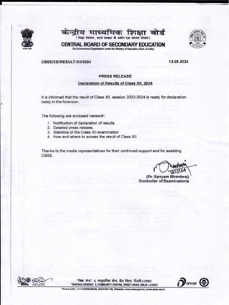 Press Note Declaration Class Xii Result 2024 21052024 | PDF