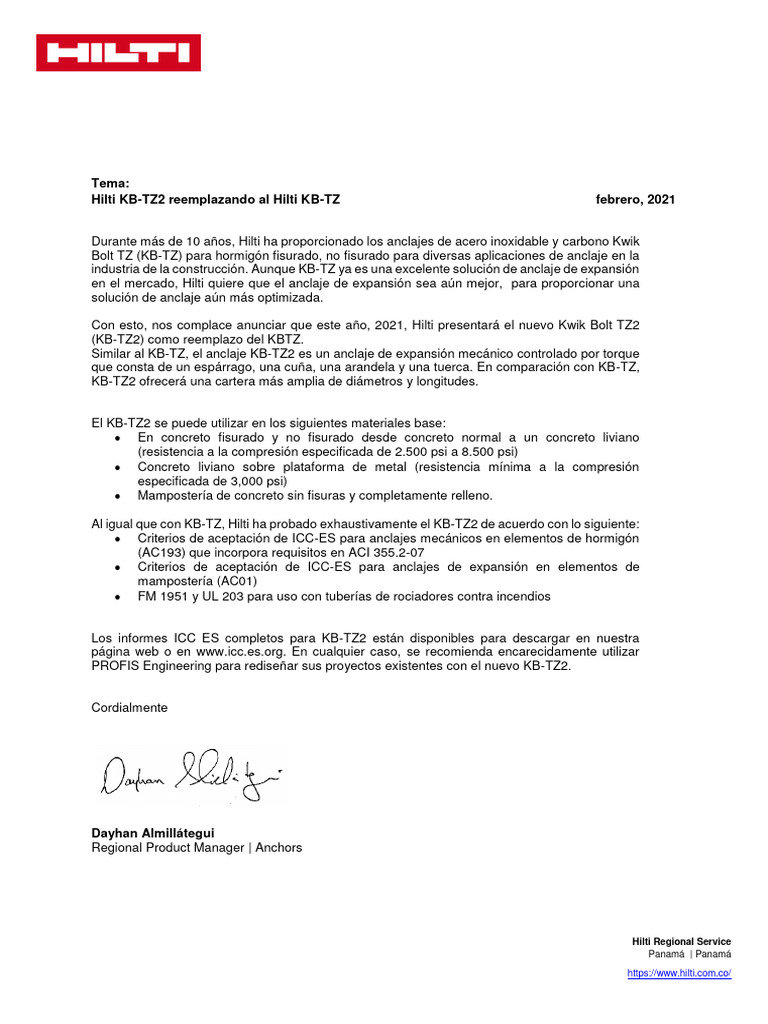 Carta de Sustitución KB TZ A KB TZ2 PDF