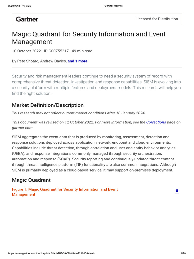 Gartner Reprint SIEM 2022 PDF Cloud Computing Software As A Service