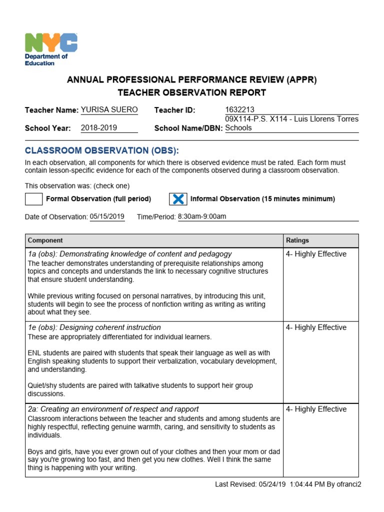 Teacher Classroom Observation Report | PDF | Teachers | Psychology