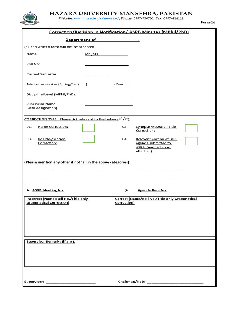 MPhil/PhD Correction Form - Hazara University | PDF