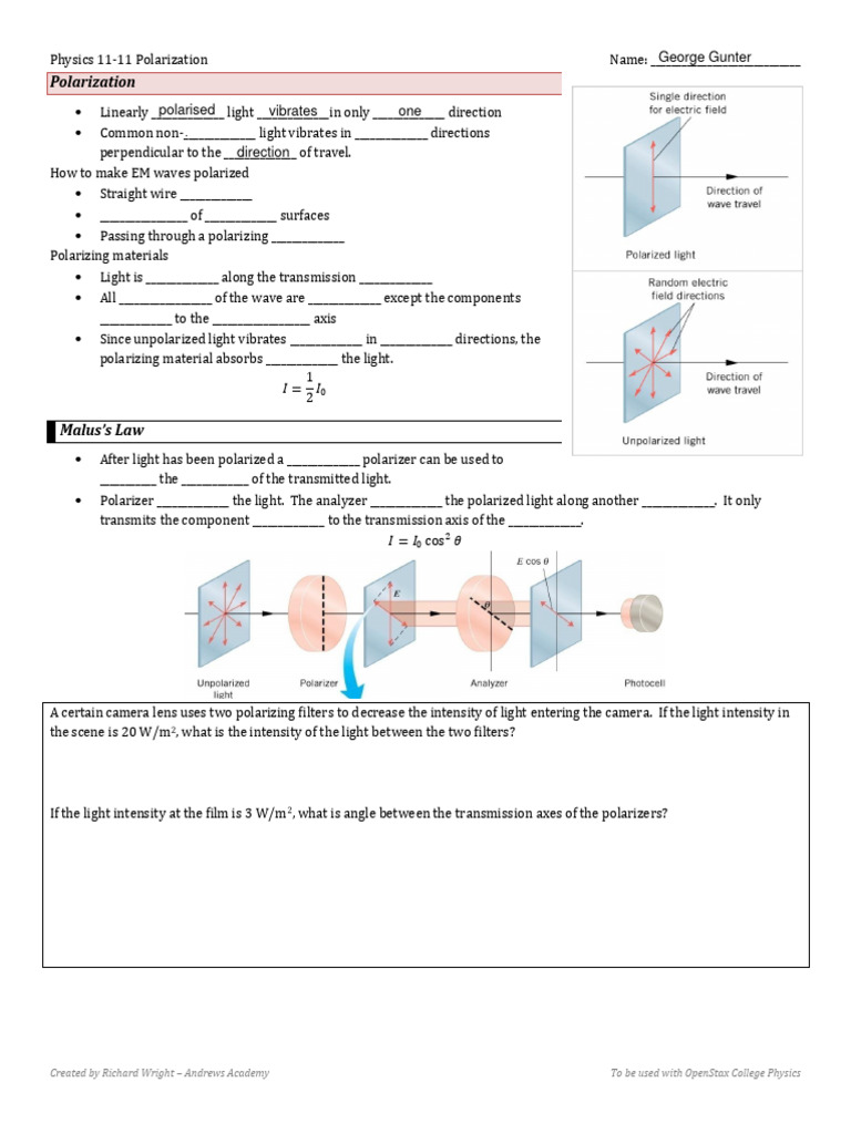 Physics 11-11: Understanding Polarization | PDF | Polarization (Waves ...