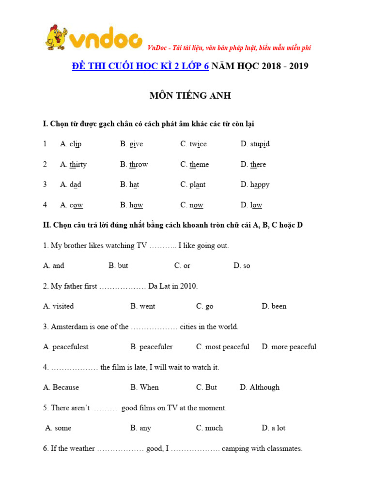 De Thi Mon Tieng Anh Lop 6 Hoc Ki 2 Co Dap An Nam Hoc 2018 2019 So 1 | PDF