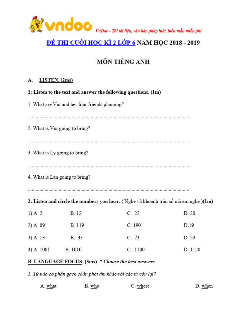 De Thi Mon Tieng Anh Lop 6 Hoc Ki 2 Co Dap An Nam Hoc 2018 2019 So 6 | PDF