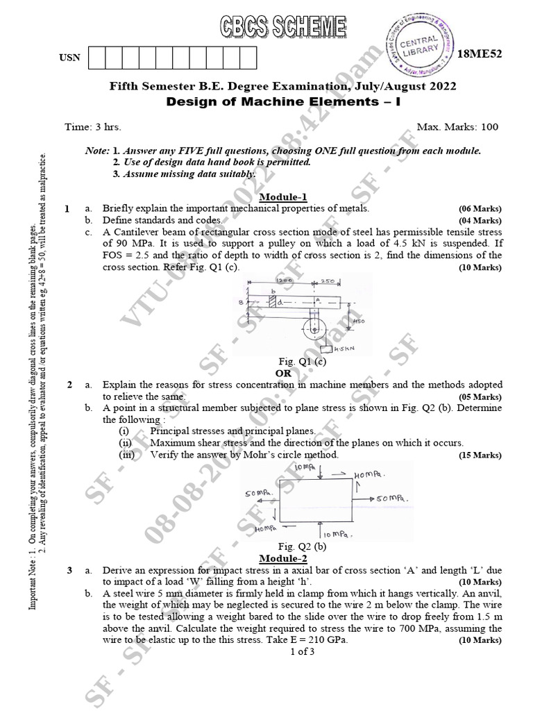 Machine Elements Design Exam Questions | PDF | Stress (Mechanics ...