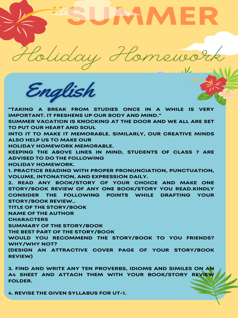 Class 7 Holiday Homework | PDF