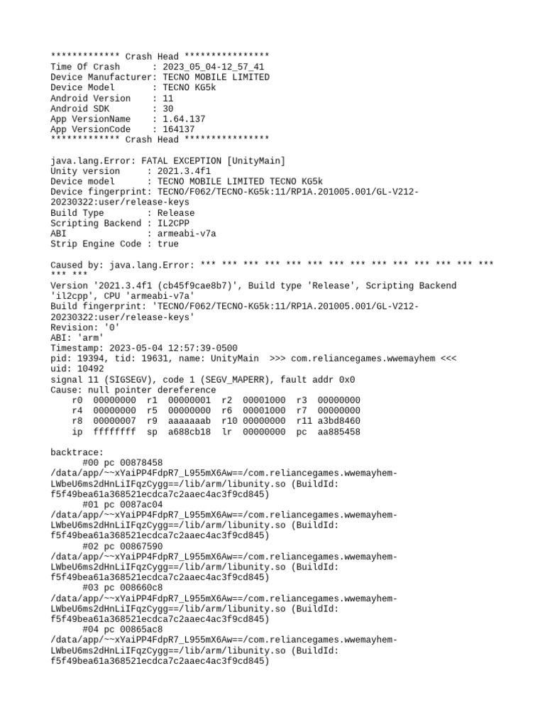 TECNO KG5k Unity Crash Report | PDF | Android (Operating System ...