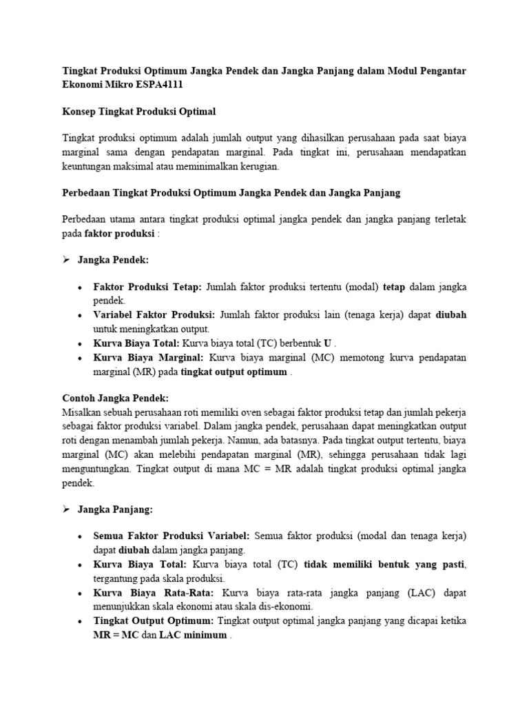 Perbedaan Produksi Optimum Jangka Pendek dan Panjang | PDF