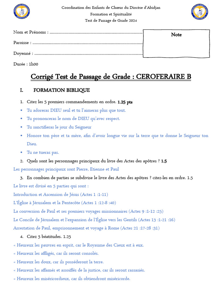 Test de Passage de Grade 2024 Ceroferaire B | PDF | Marie, mère de ...