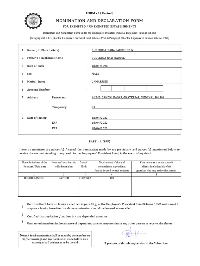 EPF & EPS Nomination Form Details | PDF | Social Institutions