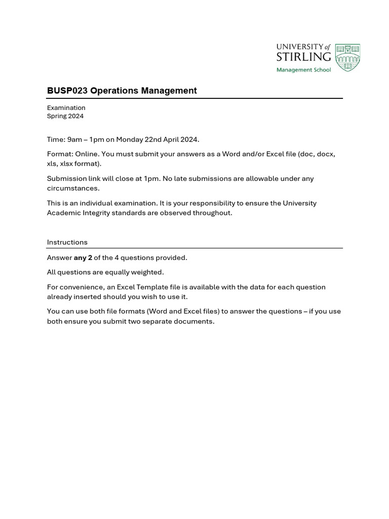 BUSP023+Operations+Management+Examination+Spring+2024 | PDF | Microsoft ...