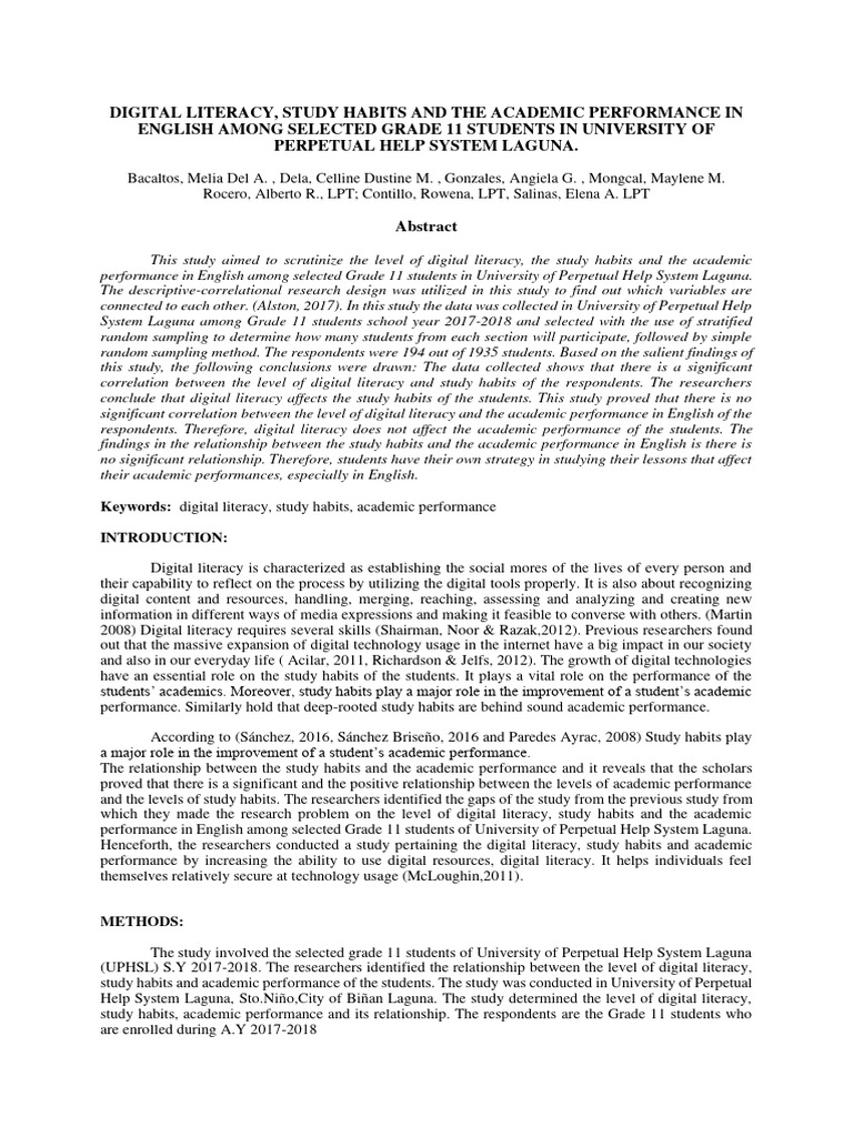 Digital Literacy, Study Habits and Academic Performance | PDF ...