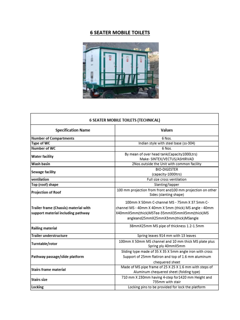 6 - 8-10 Seater Mobile Toilets Technical | PDF | Door | Pipe (Fluid ...