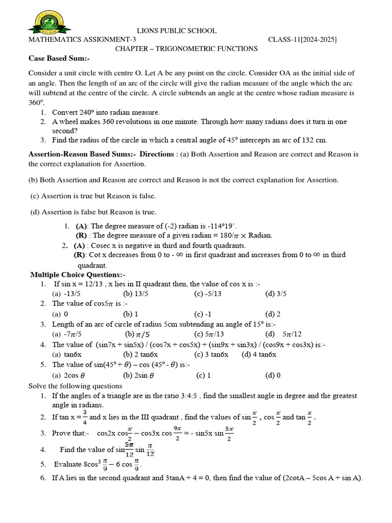 Trigonometric Functions Assignment 11 | PDF | Trigonometric Functions ...