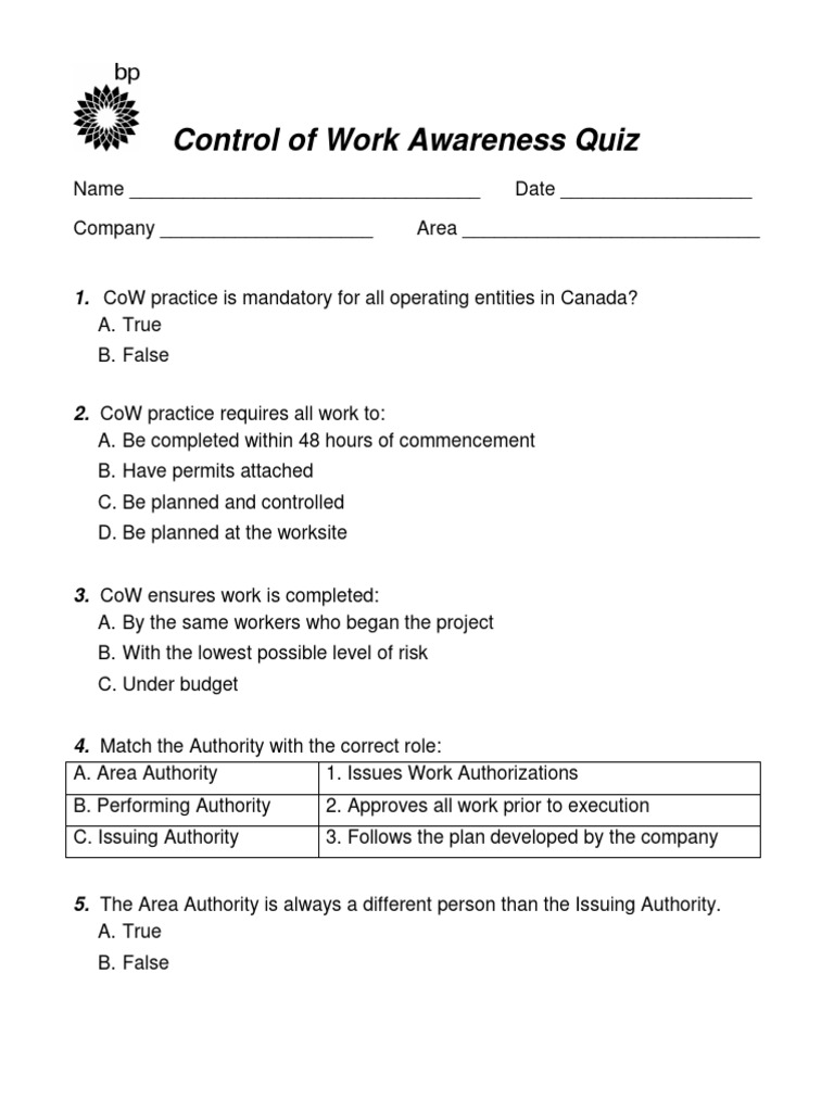 Bp Cow Awareness Quiz Pdf