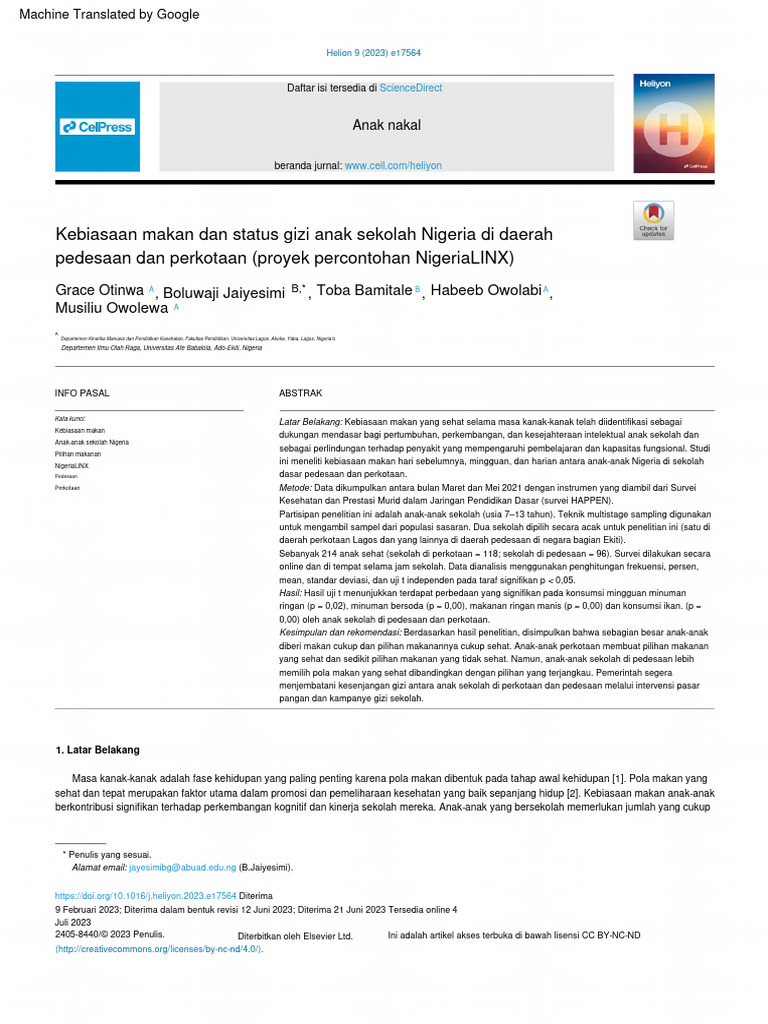 Eating Habits and Nutrition Status of Nigerian School Children in Rural ...