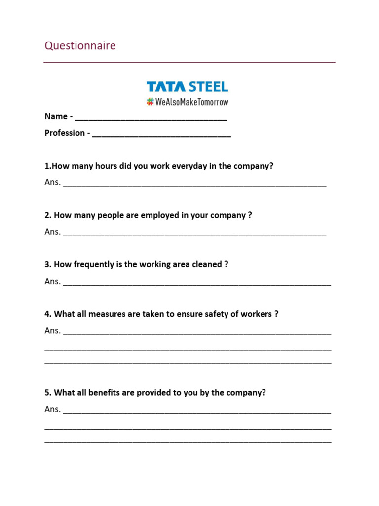 Tata Steel Questionnaire PDF