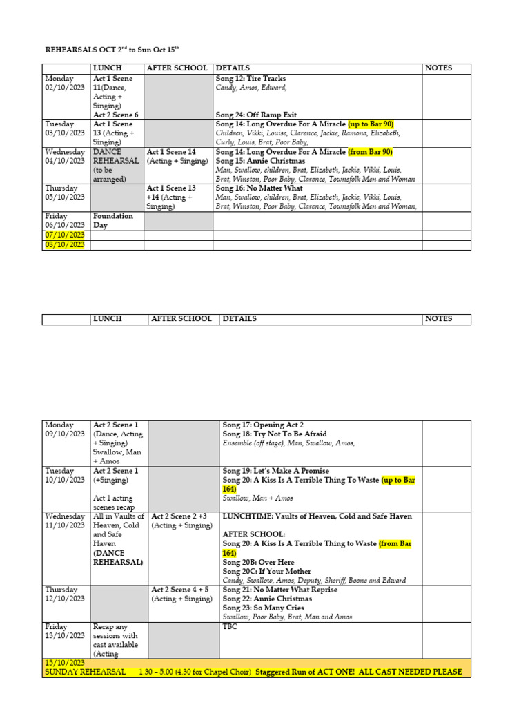 October Rehearsal Schedule for Musical | PDF | Musicals | West End Theatre