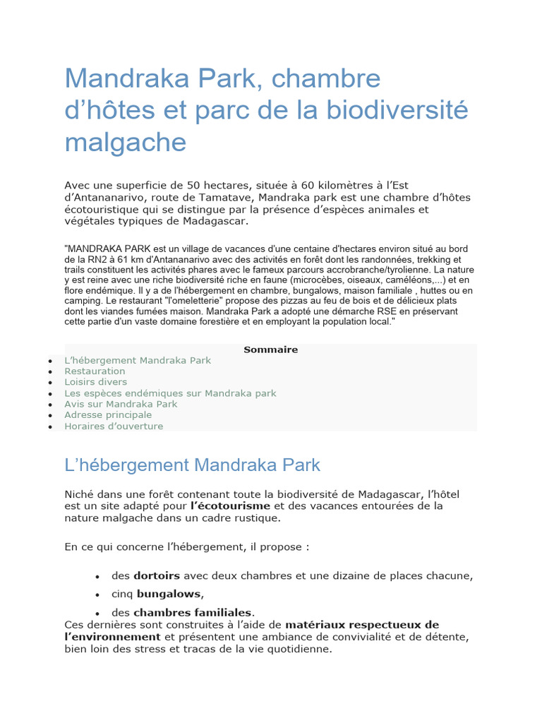Mandraka Park : Écotourisme à Madagascar | PDF | Madagascar | Forêt