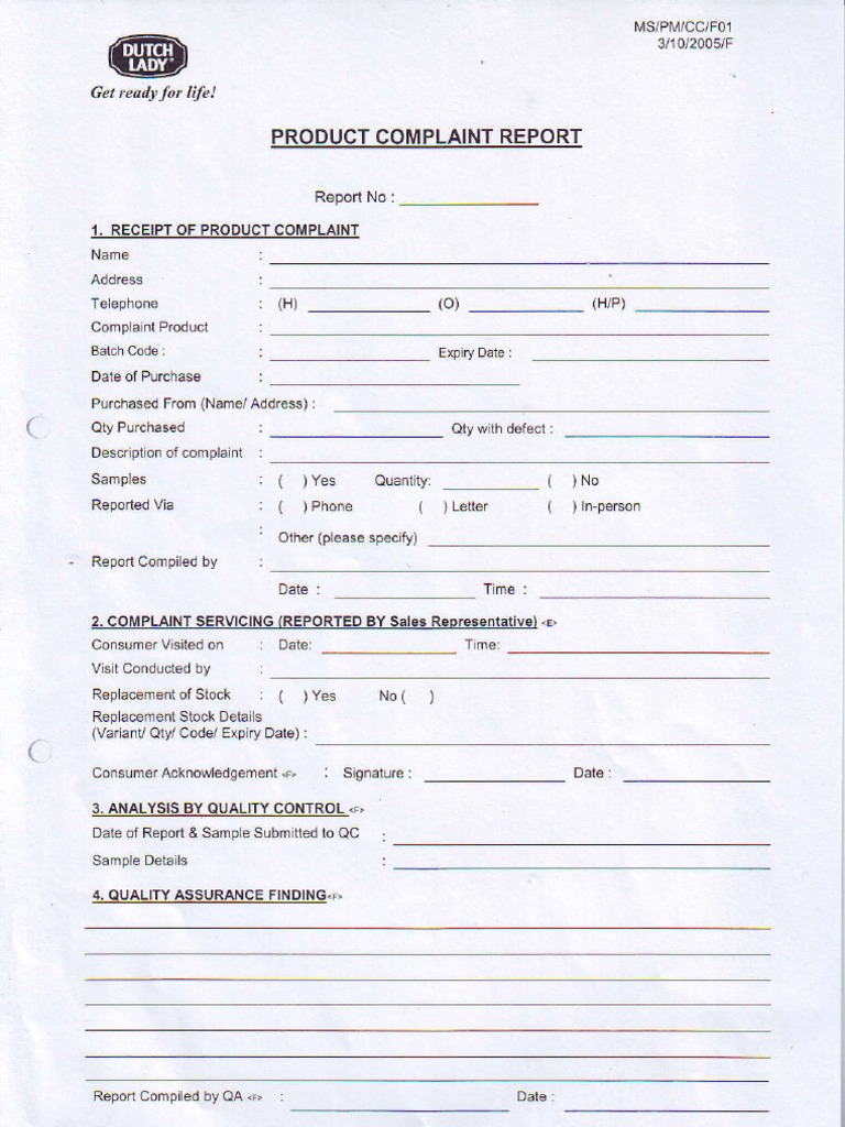 Product Complaint Report Template | PDF | Business | Law