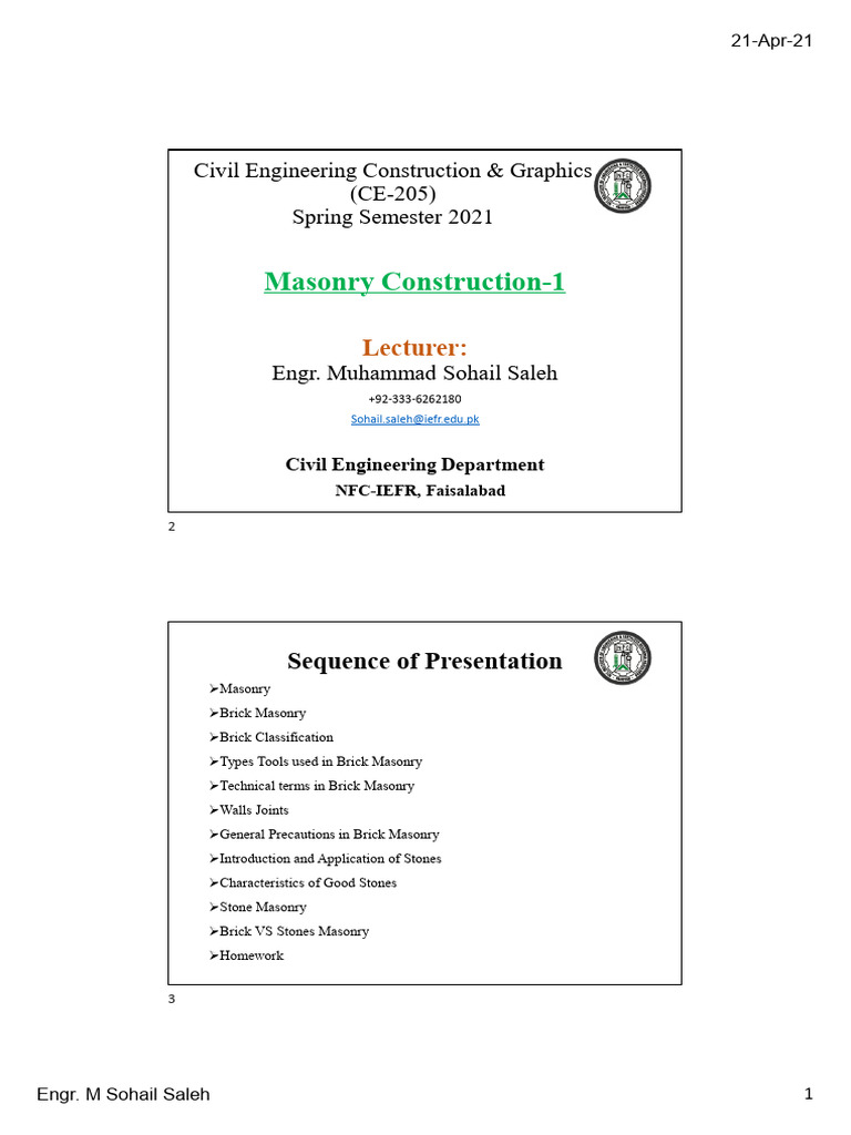 Lec 03 Masonary Construction Pdf Brick Masonry
