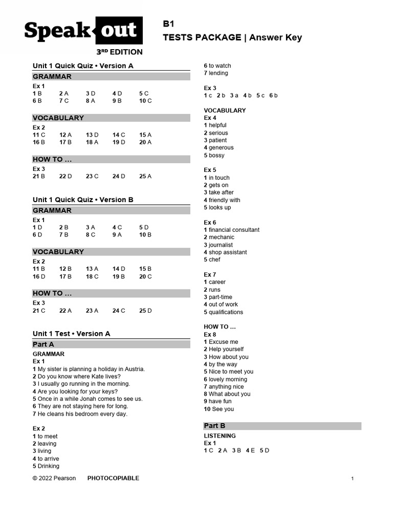 B1 Test Package Answer Key | PDF