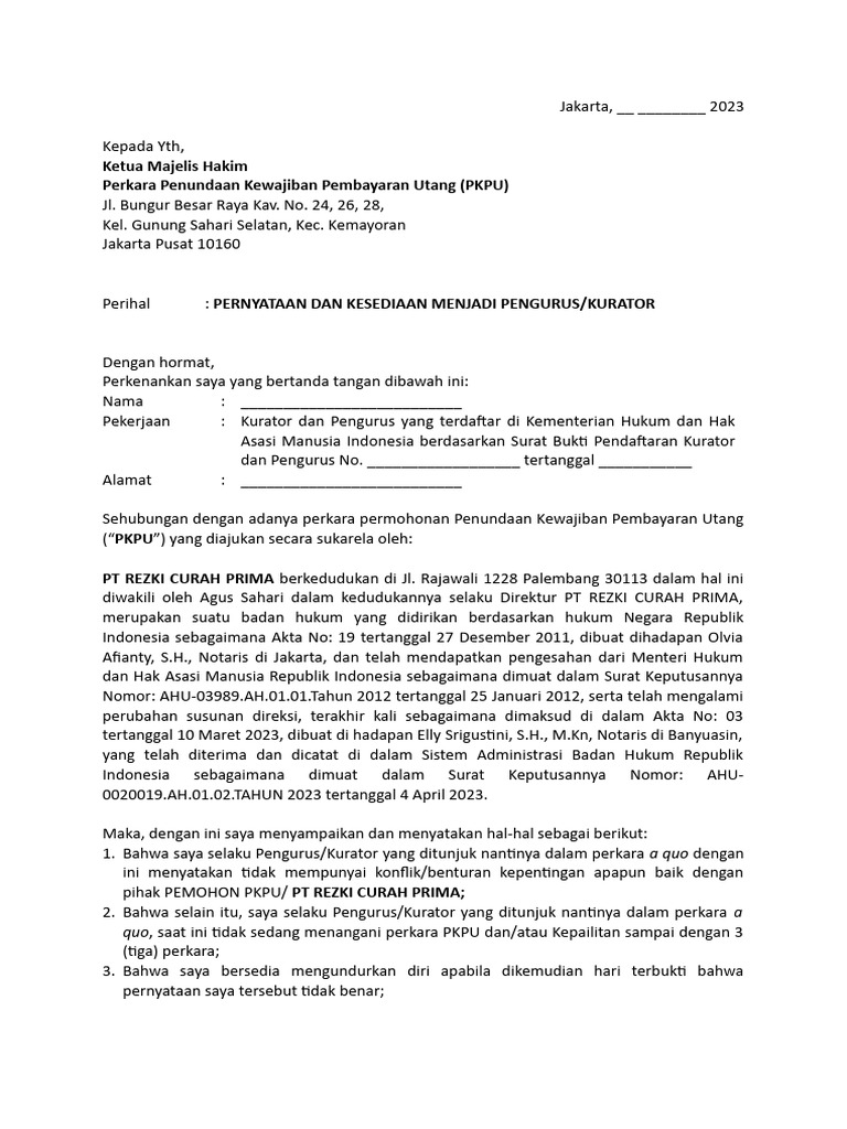 Draft Surat Pernyataan Kesediaan Menjadi Pengurus Atau Kurator - PT ...
