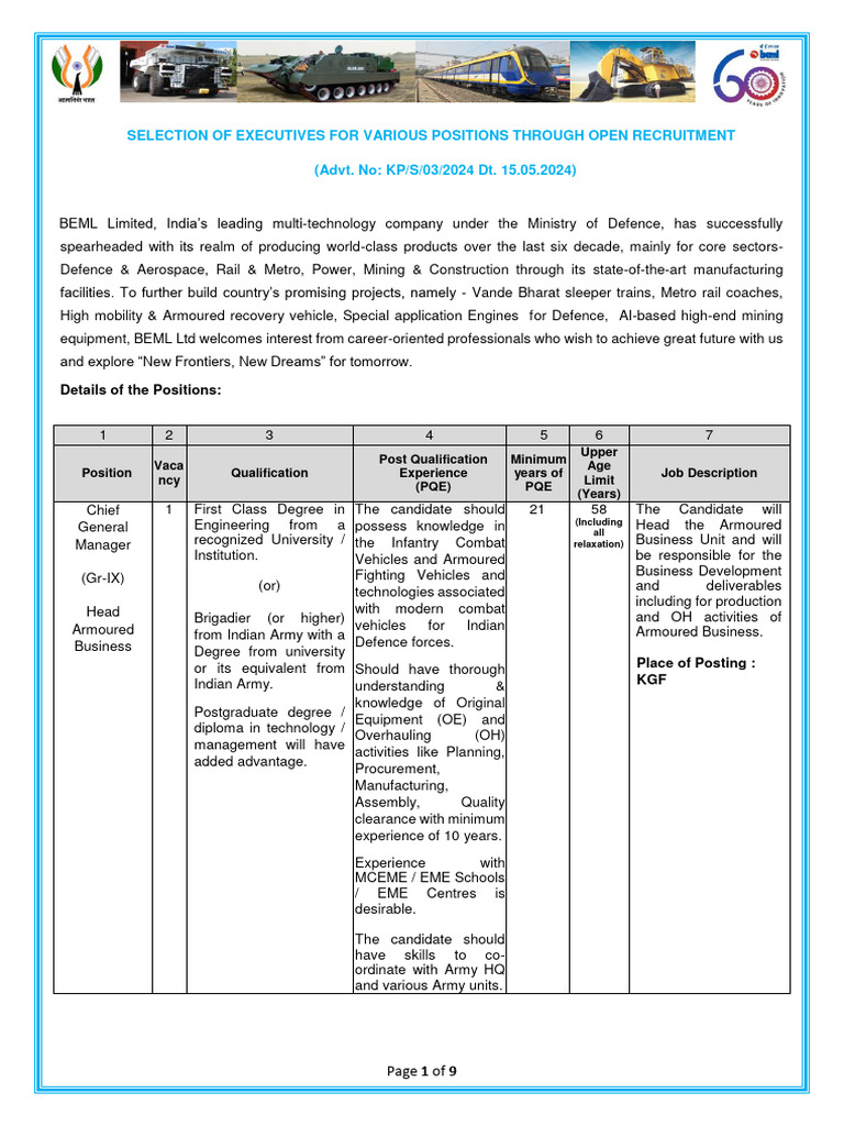 Beml Recruitment 2024 For 26 Vacancies Pdf