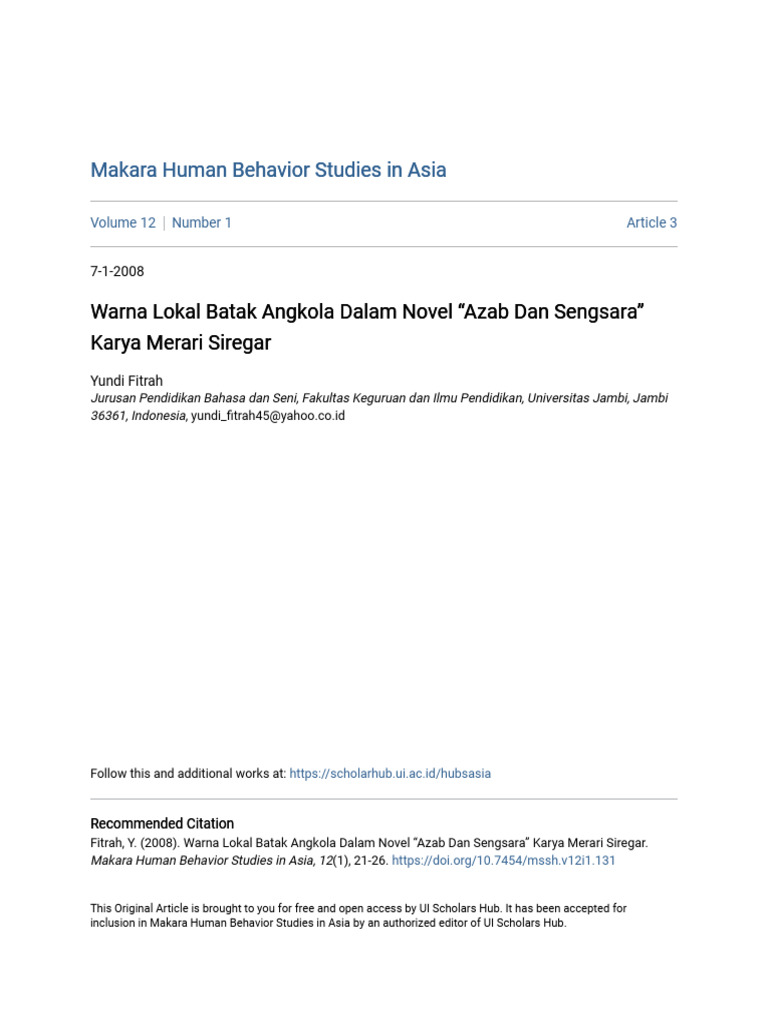 Warna Lokal Batak Angkola Dalam Novel - Azab Dan Sengsara - Karya M ...