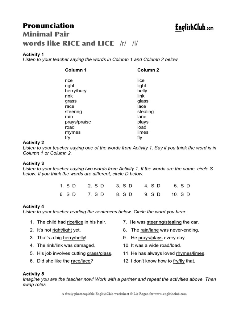 EC - Minimal Pairs C RICE LICE | PDF