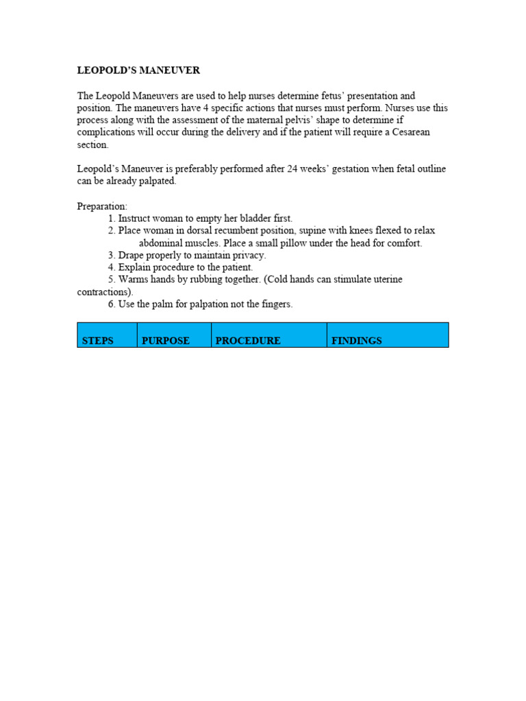 Leopolds Maneuver Procedure | PDF | Maternal Health | Anatomy