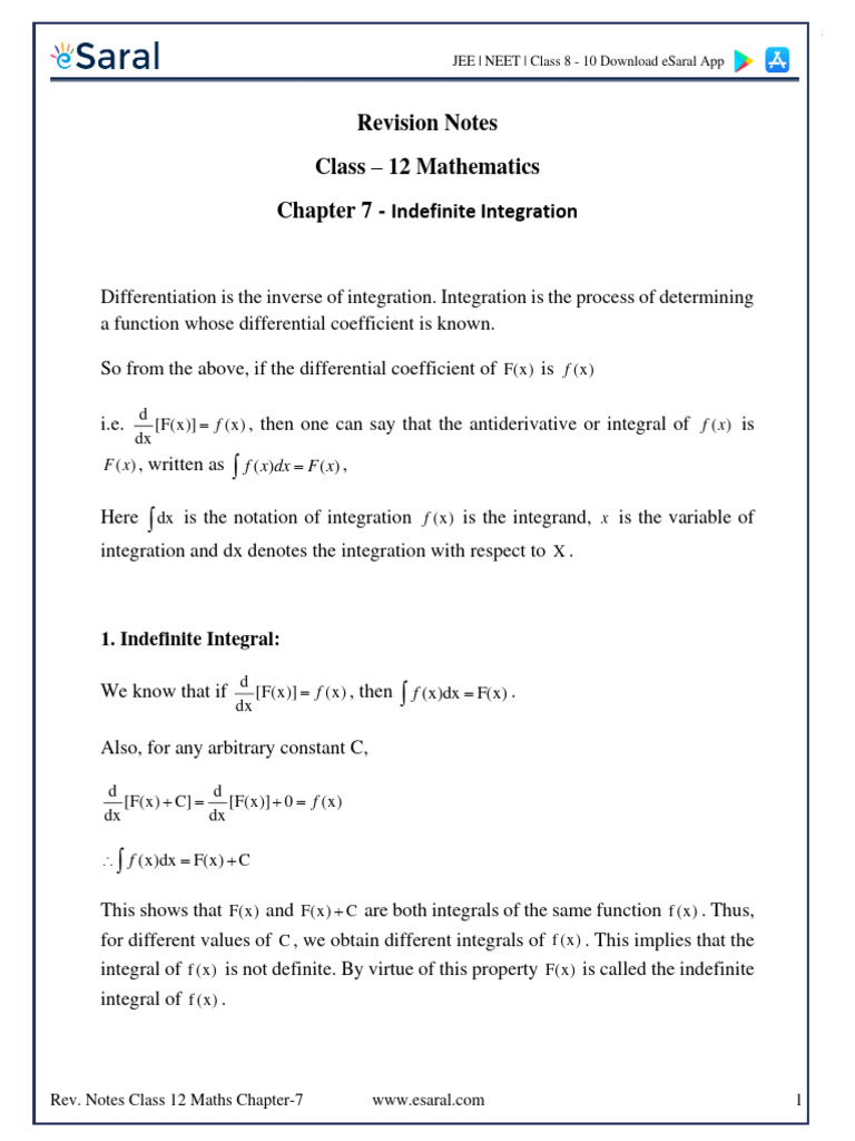 Class 12 Indefinite Integration Notes | PDF | Integral | Calculus