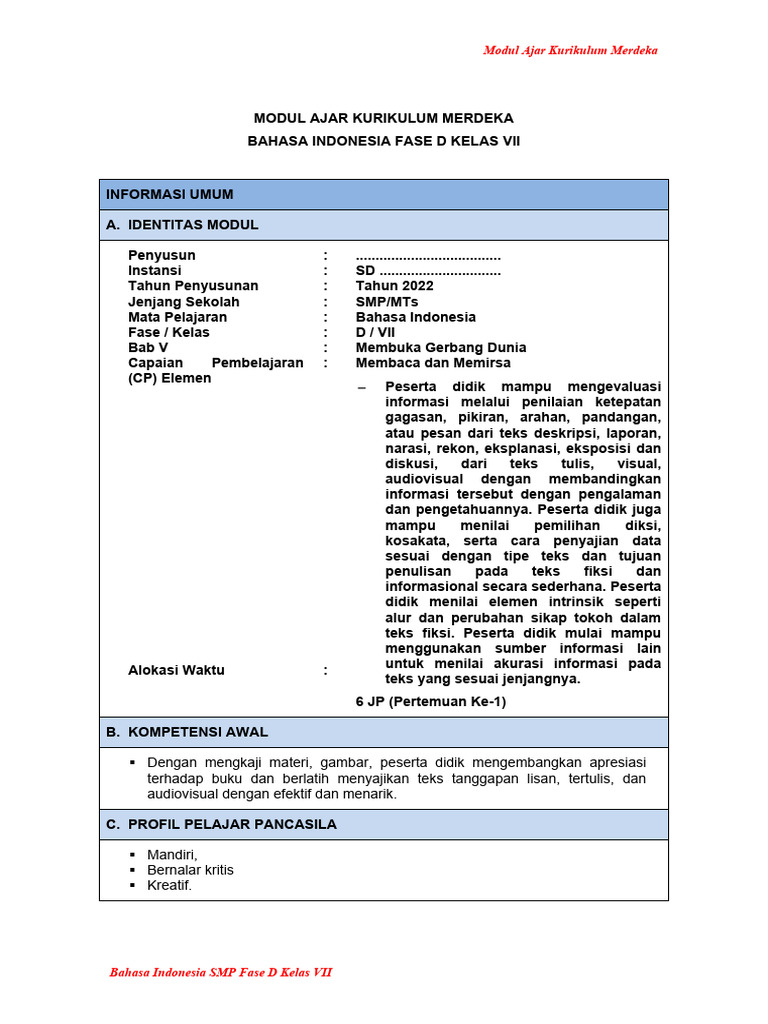 Modul Ajar Bahasa Indonesia Kelas VII | PDF | Karier & Perkembangan ...