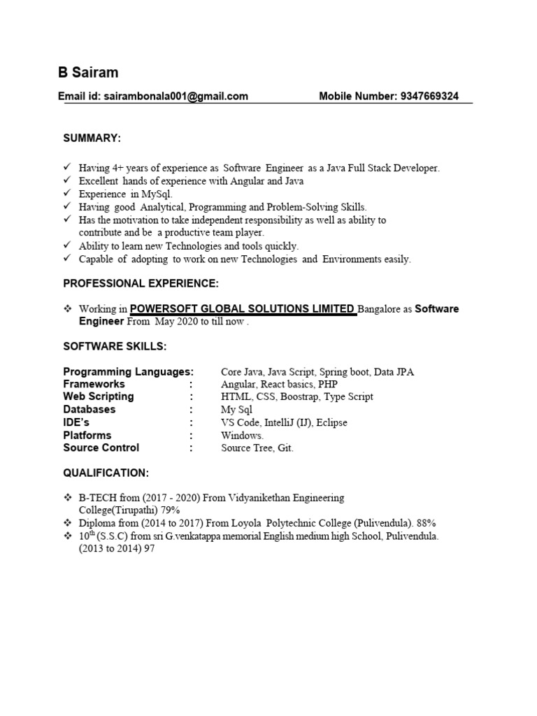 Java Full Stack Developer Resume | PDF | Application Software | My Sql