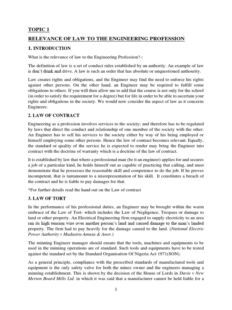 Topic 1 relevance of law to the engineering profession pdf legal
