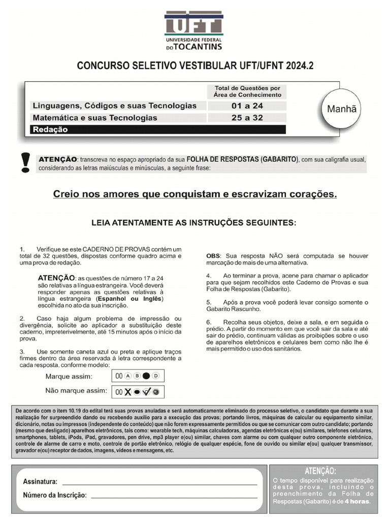 Prova de Conhecimentos Vestibular UFT 2024.2 | PDF | Agricultura | Lazer
