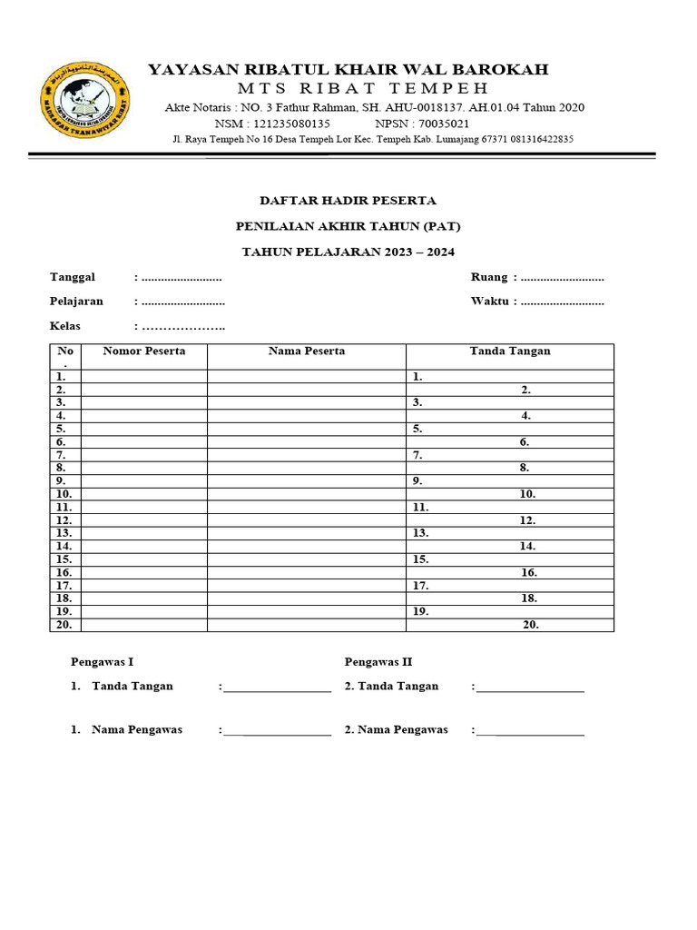 Daftar Hadir PAT Tahun Ajaran 2023-2024 | PDF