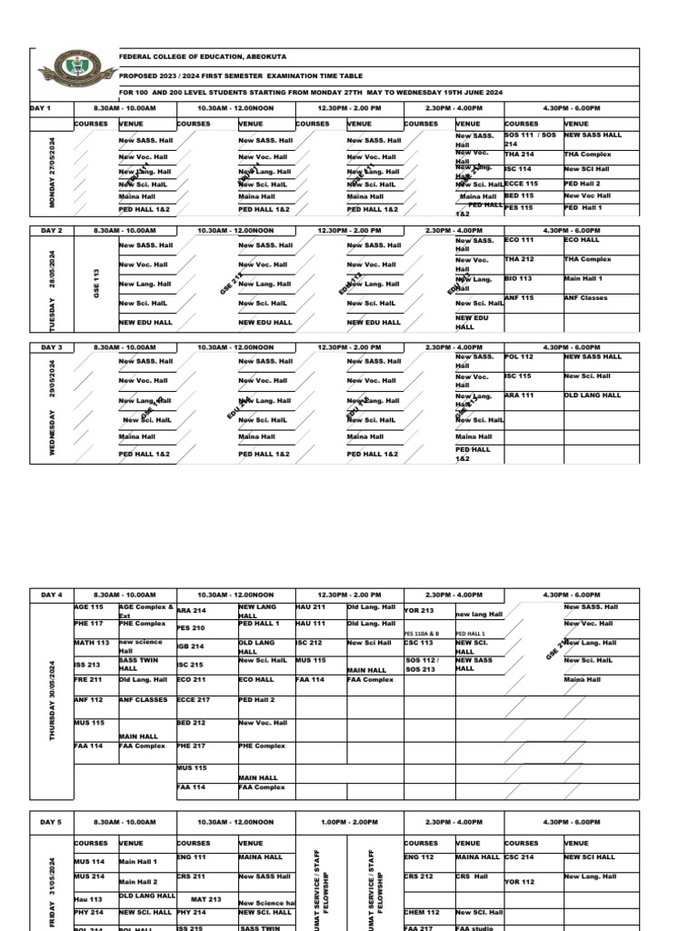 NEW Proposed 20232024 First Semester Examination Time Table - 094006 ...